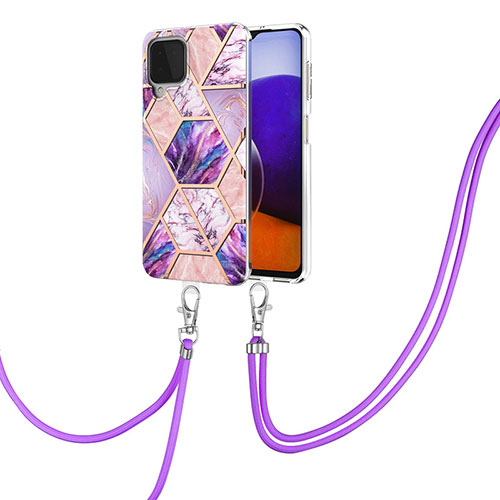 Silicone Candy Rubber Gel Fashionable Pattern Soft Case Cover with Lanyard Strap Y01B for Samsung Galaxy A22 4G Clove Purple
