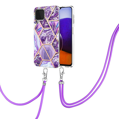 Silicone Candy Rubber Gel Fashionable Pattern Soft Case Cover with Lanyard Strap Y01B for Samsung Galaxy A22 4G Purple