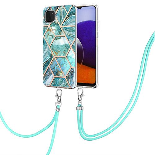 Silicone Candy Rubber Gel Fashionable Pattern Soft Case Cover with Lanyard Strap Y01B for Samsung Galaxy A22 5G Green