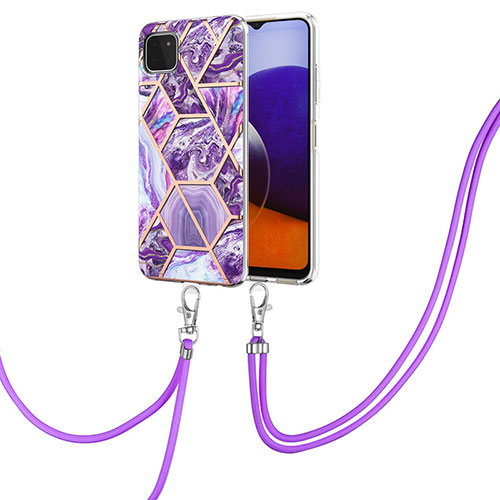 Silicone Candy Rubber Gel Fashionable Pattern Soft Case Cover with Lanyard Strap Y01B for Samsung Galaxy A22 5G Purple