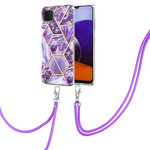 Silicone Candy Rubber Gel Fashionable Pattern Soft Case Cover with Lanyard Strap Y01B for Samsung Galaxy A22s 5G Purple