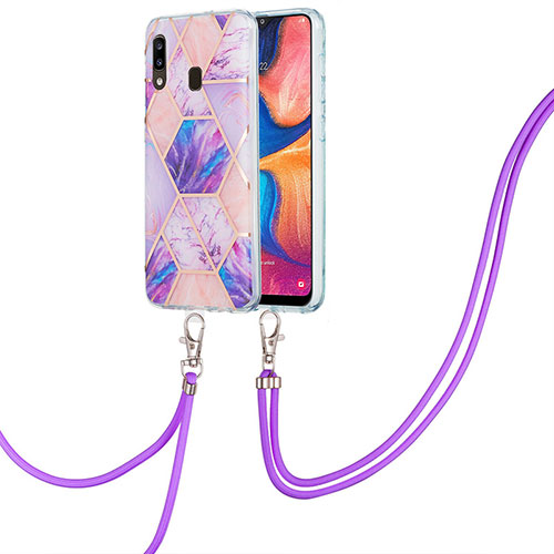 Silicone Candy Rubber Gel Fashionable Pattern Soft Case Cover with Lanyard Strap Y01B for Samsung Galaxy A30 Clove Purple