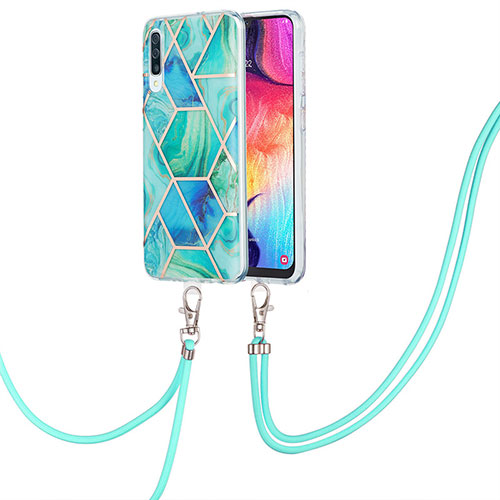 Silicone Candy Rubber Gel Fashionable Pattern Soft Case Cover with Lanyard Strap Y01B for Samsung Galaxy A30S Green