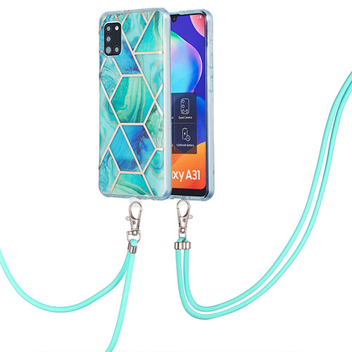 Silicone Candy Rubber Gel Fashionable Pattern Soft Case Cover with Lanyard Strap Y01B for Samsung Galaxy A31 Green