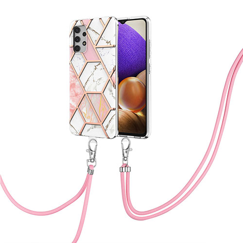 Silicone Candy Rubber Gel Fashionable Pattern Soft Case Cover with Lanyard Strap Y01B for Samsung Galaxy A32 4G Pink