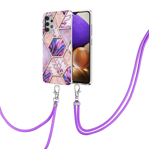 Silicone Candy Rubber Gel Fashionable Pattern Soft Case Cover with Lanyard Strap Y01B for Samsung Galaxy A32 5G Clove Purple