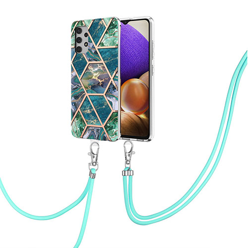 Silicone Candy Rubber Gel Fashionable Pattern Soft Case Cover with Lanyard Strap Y01B for Samsung Galaxy A32 5G Midnight Green