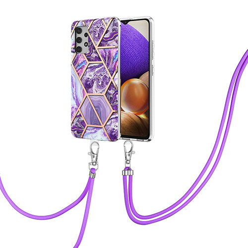 Silicone Candy Rubber Gel Fashionable Pattern Soft Case Cover with Lanyard Strap Y01B for Samsung Galaxy A32 5G Purple