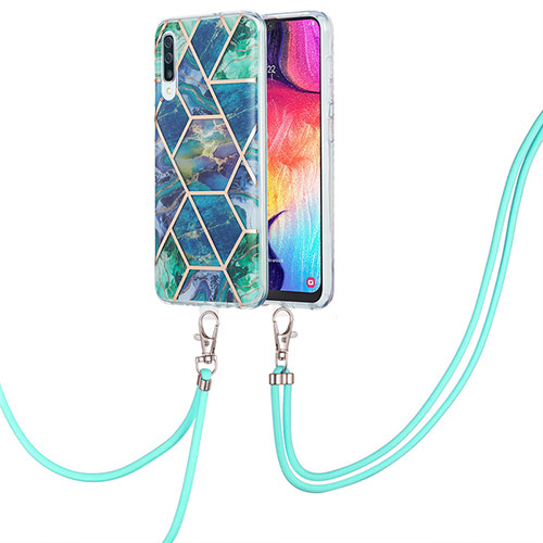 Silicone Candy Rubber Gel Fashionable Pattern Soft Case Cover with Lanyard Strap Y01B for Samsung Galaxy A50S Midnight Green