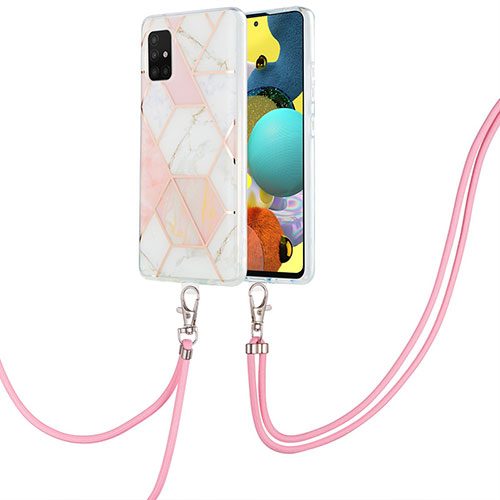 Silicone Candy Rubber Gel Fashionable Pattern Soft Case Cover with Lanyard Strap Y01B for Samsung Galaxy A51 4G Pink