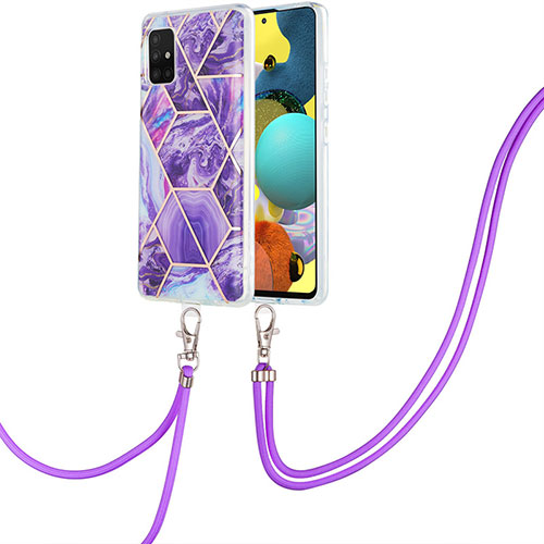 Silicone Candy Rubber Gel Fashionable Pattern Soft Case Cover with Lanyard Strap Y01B for Samsung Galaxy A51 4G Purple