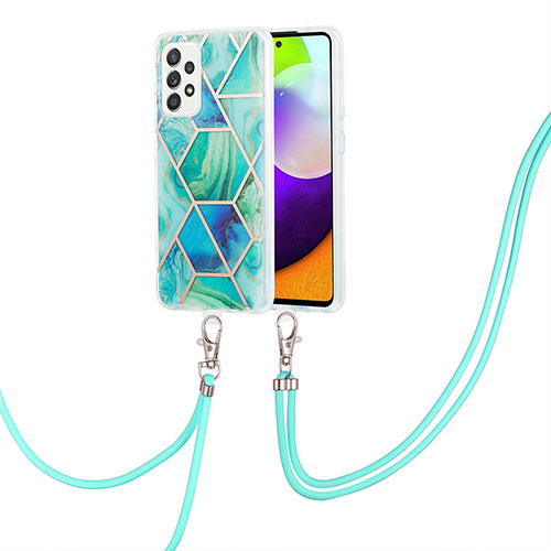 Silicone Candy Rubber Gel Fashionable Pattern Soft Case Cover with Lanyard Strap Y01B for Samsung Galaxy A52 4G Green