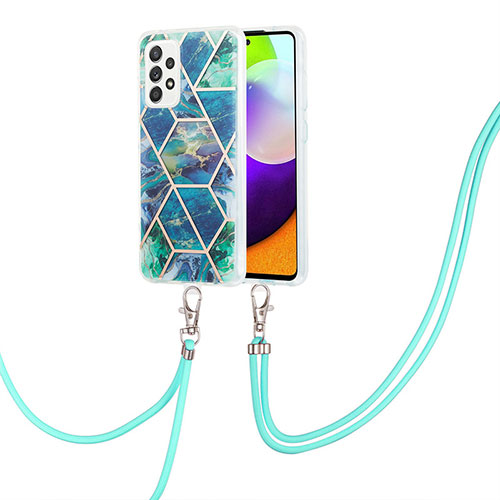 Silicone Candy Rubber Gel Fashionable Pattern Soft Case Cover with Lanyard Strap Y01B for Samsung Galaxy A52s 5G Midnight Green