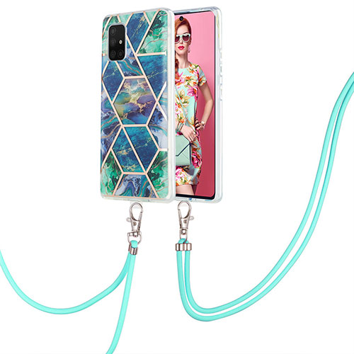 Silicone Candy Rubber Gel Fashionable Pattern Soft Case Cover with Lanyard Strap Y01B for Samsung Galaxy A71 5G Midnight Green