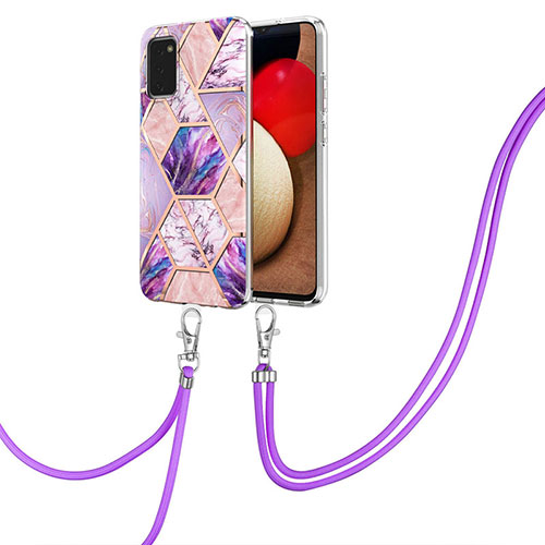 Silicone Candy Rubber Gel Fashionable Pattern Soft Case Cover with Lanyard Strap Y01B for Samsung Galaxy F02S SM-E025F Clove Purple