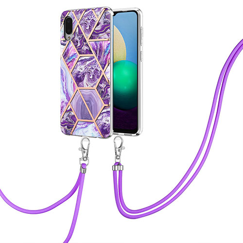 Silicone Candy Rubber Gel Fashionable Pattern Soft Case Cover with Lanyard Strap Y01B for Samsung Galaxy M02 Purple