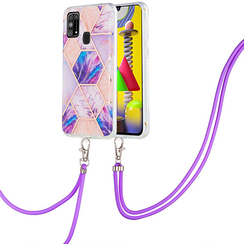 Silicone Candy Rubber Gel Fashionable Pattern Soft Case Cover with Lanyard Strap Y01B for Samsung Galaxy M31 Clove Purple