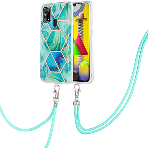 Silicone Candy Rubber Gel Fashionable Pattern Soft Case Cover with Lanyard Strap Y01B for Samsung Galaxy M31 Green