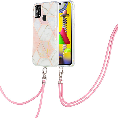 Silicone Candy Rubber Gel Fashionable Pattern Soft Case Cover with Lanyard Strap Y01B for Samsung Galaxy M31 Pink