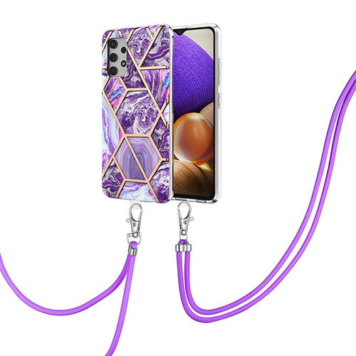 Silicone Candy Rubber Gel Fashionable Pattern Soft Case Cover with Lanyard Strap Y01B for Samsung Galaxy M32 5G Purple