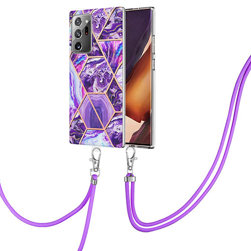 Silicone Candy Rubber Gel Fashionable Pattern Soft Case Cover with Lanyard Strap Y01B for Samsung Galaxy Note 20 Ultra 5G Purple