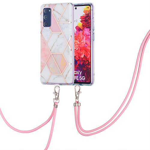 Silicone Candy Rubber Gel Fashionable Pattern Soft Case Cover with Lanyard Strap Y01B for Samsung Galaxy S20 FE 4G Pink