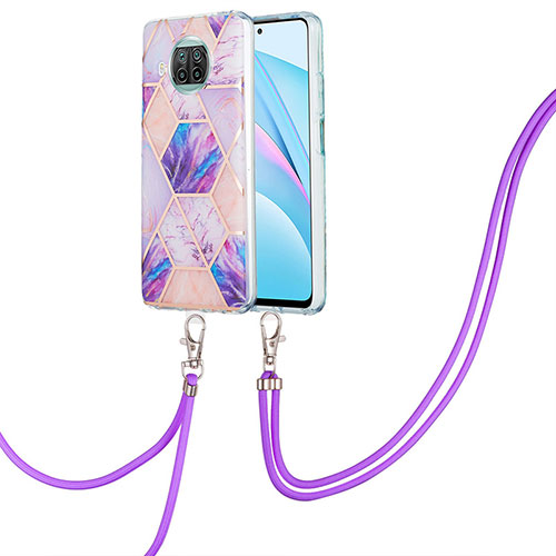 Silicone Candy Rubber Gel Fashionable Pattern Soft Case Cover with Lanyard Strap Y01B for Xiaomi Mi 10i 5G Clove Purple