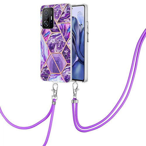 Silicone Candy Rubber Gel Fashionable Pattern Soft Case Cover with Lanyard Strap Y01B for Xiaomi Mi 11T 5G Purple