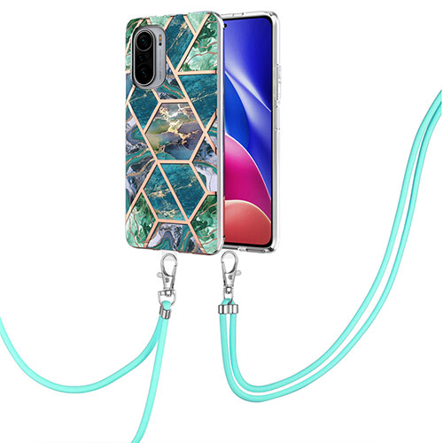 Silicone Candy Rubber Gel Fashionable Pattern Soft Case Cover with Lanyard Strap Y01B for Xiaomi Mi 11X 5G Midnight Green