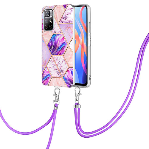 Silicone Candy Rubber Gel Fashionable Pattern Soft Case Cover with Lanyard Strap Y01B for Xiaomi Poco M4 Pro 5G Clove Purple