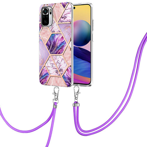 Silicone Candy Rubber Gel Fashionable Pattern Soft Case Cover with Lanyard Strap Y01B for Xiaomi Poco M5S Clove Purple