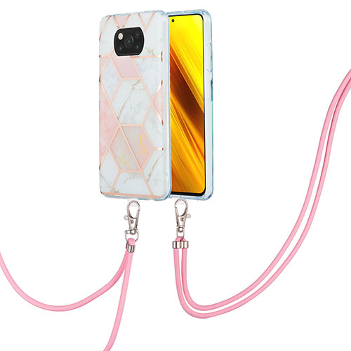 Silicone Candy Rubber Gel Fashionable Pattern Soft Case Cover with Lanyard Strap Y01B for Xiaomi Poco X3 Pro Pink