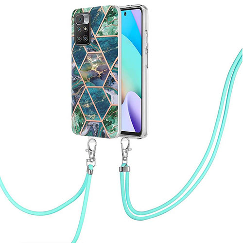 Silicone Candy Rubber Gel Fashionable Pattern Soft Case Cover with Lanyard Strap Y01B for Xiaomi Redmi 10 (2022) Midnight Green