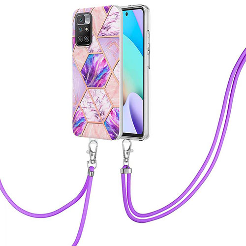 Silicone Candy Rubber Gel Fashionable Pattern Soft Case Cover with Lanyard Strap Y01B for Xiaomi Redmi 10 4G Clove Purple