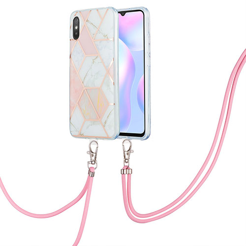 Silicone Candy Rubber Gel Fashionable Pattern Soft Case Cover with Lanyard Strap Y01B for Xiaomi Redmi 9AT Pink