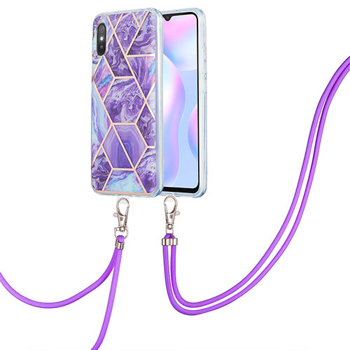 Silicone Candy Rubber Gel Fashionable Pattern Soft Case Cover with Lanyard Strap Y01B for Xiaomi Redmi 9AT Purple