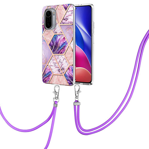 Silicone Candy Rubber Gel Fashionable Pattern Soft Case Cover with Lanyard Strap Y01B for Xiaomi Redmi K40 5G Clove Purple