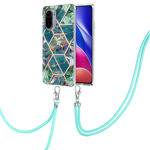 Silicone Candy Rubber Gel Fashionable Pattern Soft Case Cover with Lanyard Strap Y01B for Xiaomi Redmi K40 5G Midnight Green