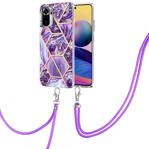 Silicone Candy Rubber Gel Fashionable Pattern Soft Case Cover with Lanyard Strap Y01B for Xiaomi Redmi Note 10 4G Purple