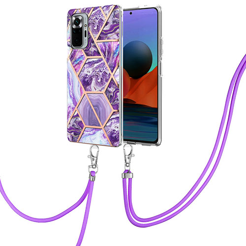 Silicone Candy Rubber Gel Fashionable Pattern Soft Case Cover with Lanyard Strap Y01B for Xiaomi Redmi Note 10 Pro 4G Purple