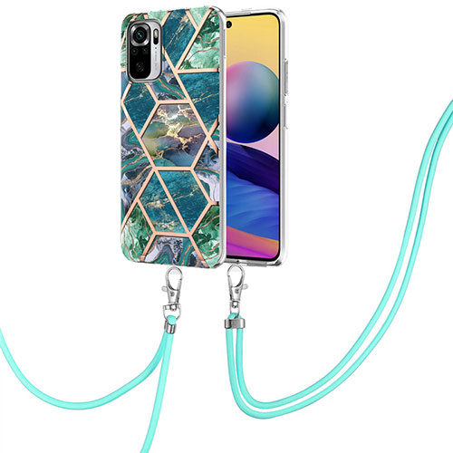 Silicone Candy Rubber Gel Fashionable Pattern Soft Case Cover with Lanyard Strap Y01B for Xiaomi Redmi Note 10S 4G Midnight Green