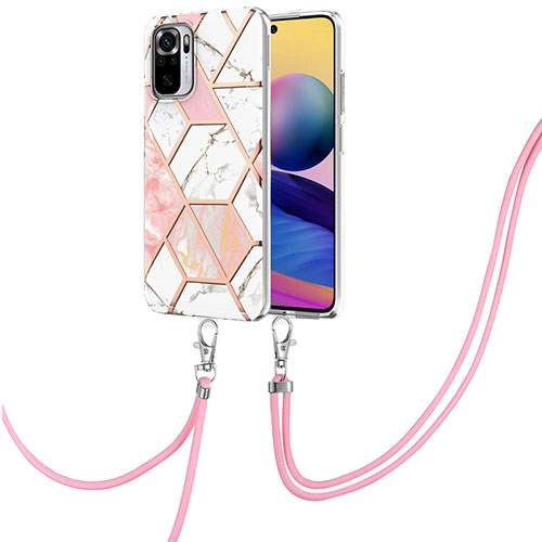 Silicone Candy Rubber Gel Fashionable Pattern Soft Case Cover with Lanyard Strap Y01B for Xiaomi Redmi Note 10S 4G Pink