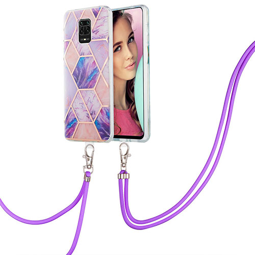 Silicone Candy Rubber Gel Fashionable Pattern Soft Case Cover with Lanyard Strap Y01B for Xiaomi Redmi Note 9 Pro Max Clove Purple