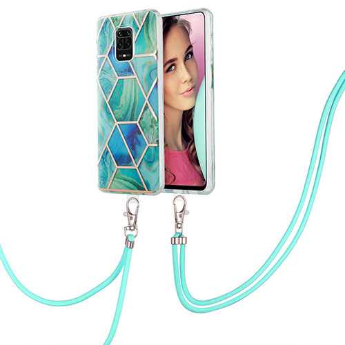 Silicone Candy Rubber Gel Fashionable Pattern Soft Case Cover with Lanyard Strap Y01B for Xiaomi Redmi Note 9S Green