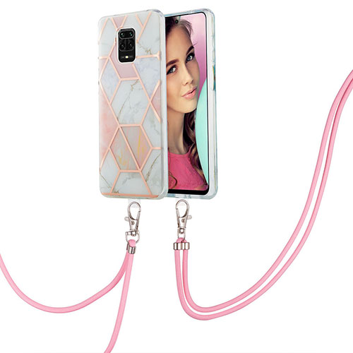 Silicone Candy Rubber Gel Fashionable Pattern Soft Case Cover with Lanyard Strap Y01B for Xiaomi Redmi Note 9S Pink