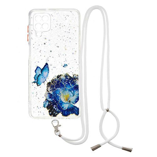 Silicone Candy Rubber Gel Fashionable Pattern Soft Case Cover with Lanyard Strap Y01X for Samsung Galaxy A12 Nacho Blue