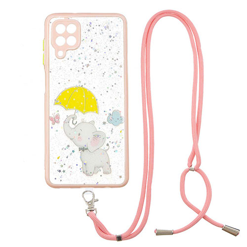 Silicone Candy Rubber Gel Fashionable Pattern Soft Case Cover with Lanyard Strap Y01X for Samsung Galaxy A12 Yellow