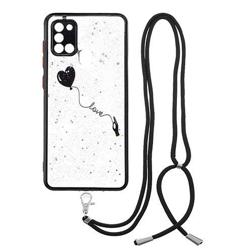 Silicone Candy Rubber Gel Fashionable Pattern Soft Case Cover with Lanyard Strap Y01X for Samsung Galaxy A21s Black