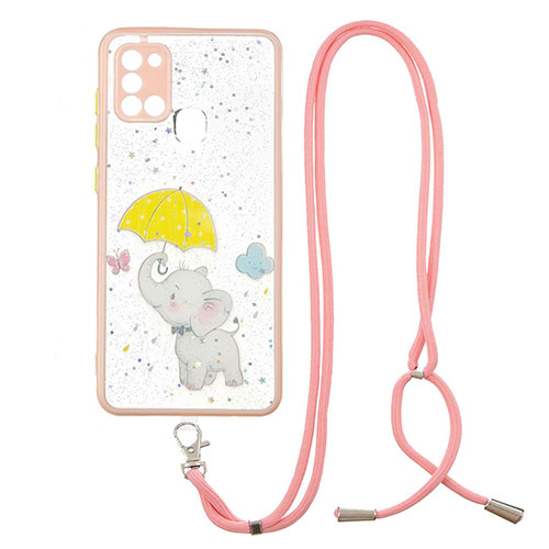 Silicone Candy Rubber Gel Fashionable Pattern Soft Case Cover with Lanyard Strap Y01X for Samsung Galaxy A21s Yellow