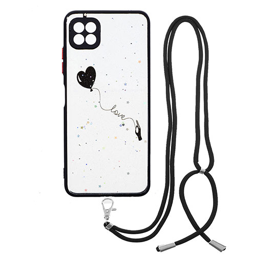 Silicone Candy Rubber Gel Fashionable Pattern Soft Case Cover with Lanyard Strap Y01X for Samsung Galaxy A22 5G Black